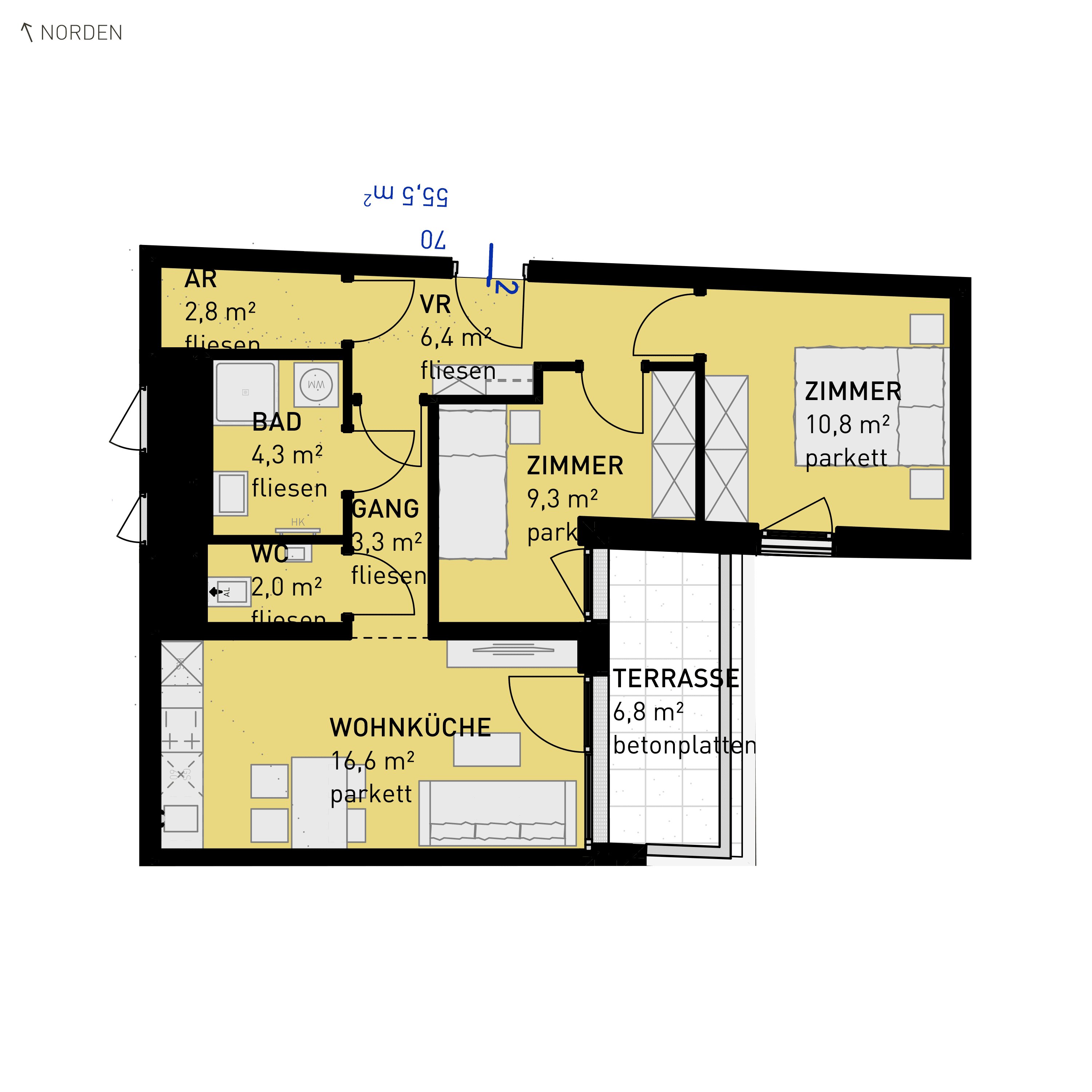 Grundriss Top 70 — Wulzendorfstraße 101 — 3 Zimmer — 55,5 m² — 2nd floor — O/S
