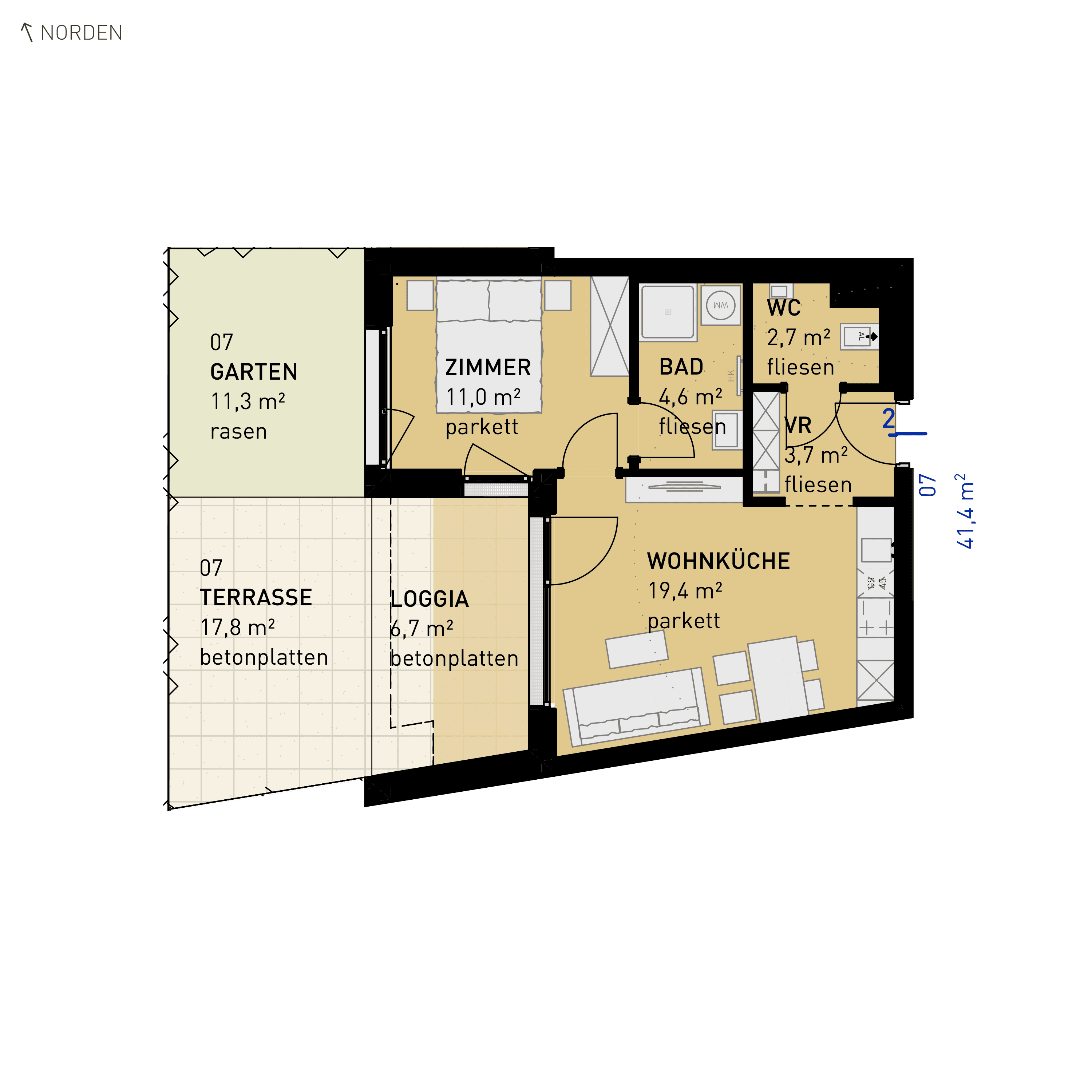Grundriss Top 07 — Wulzendorfstraße 101 — 2 Zimmer — 41,4 m² — Ground floor — N/W