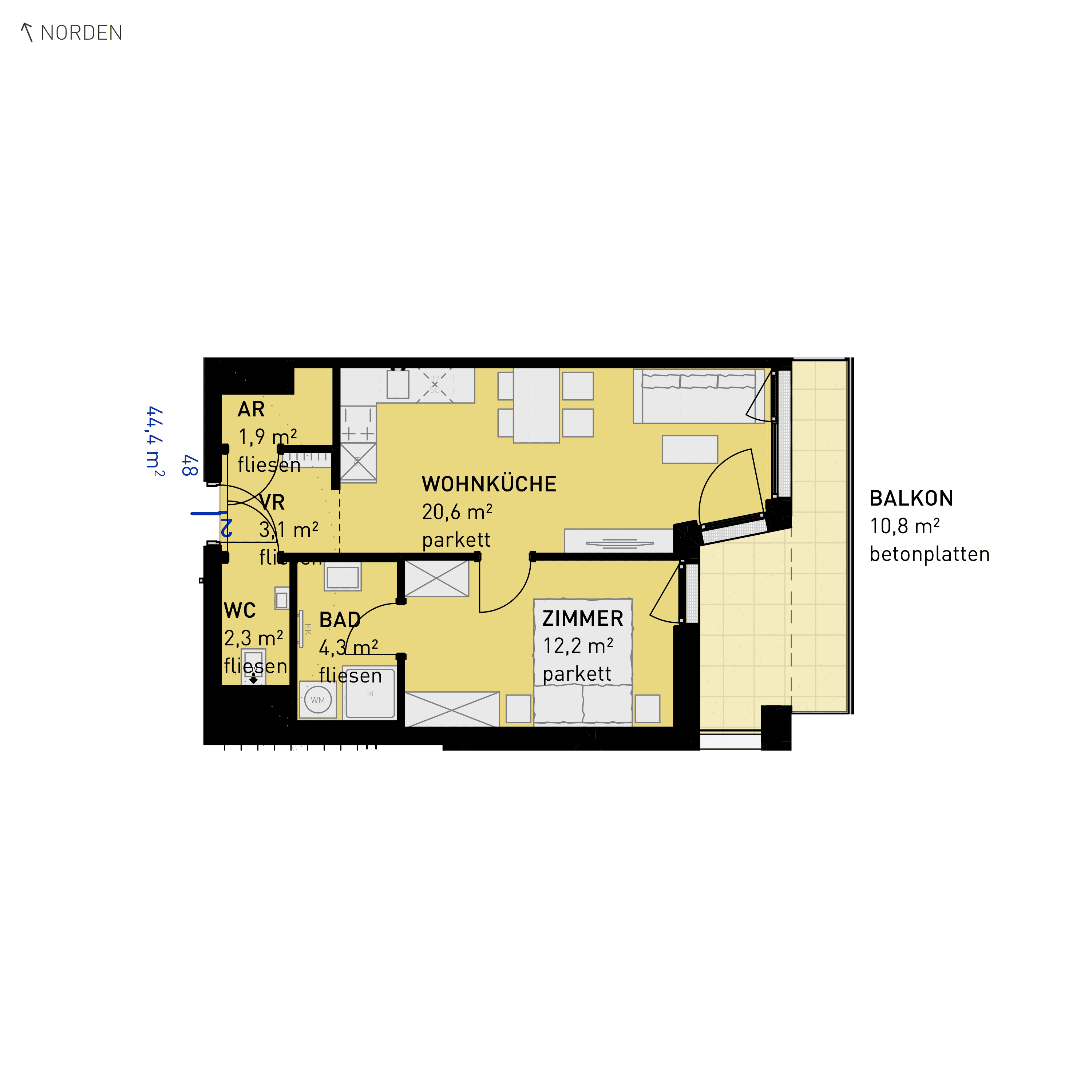 Grundriss Top 48 — Wulzendorfstraße 101 — 2 Zimmer — 44,4 m² — 1st floor — O/S
