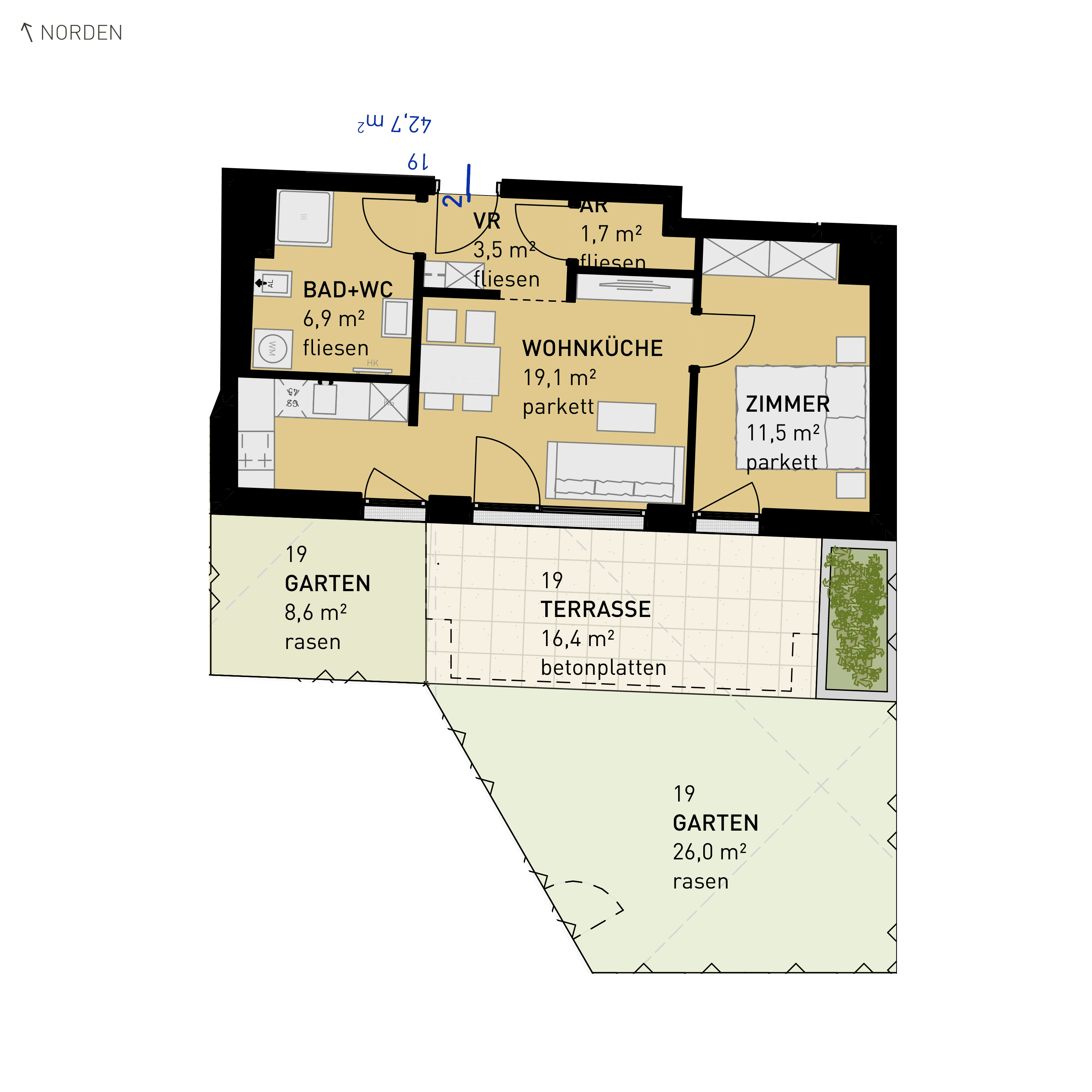 Grundriss Top 19 — Wulzendorfstraße 101 — 2 Zimmer — 42,7 m² — Ground floor — S
