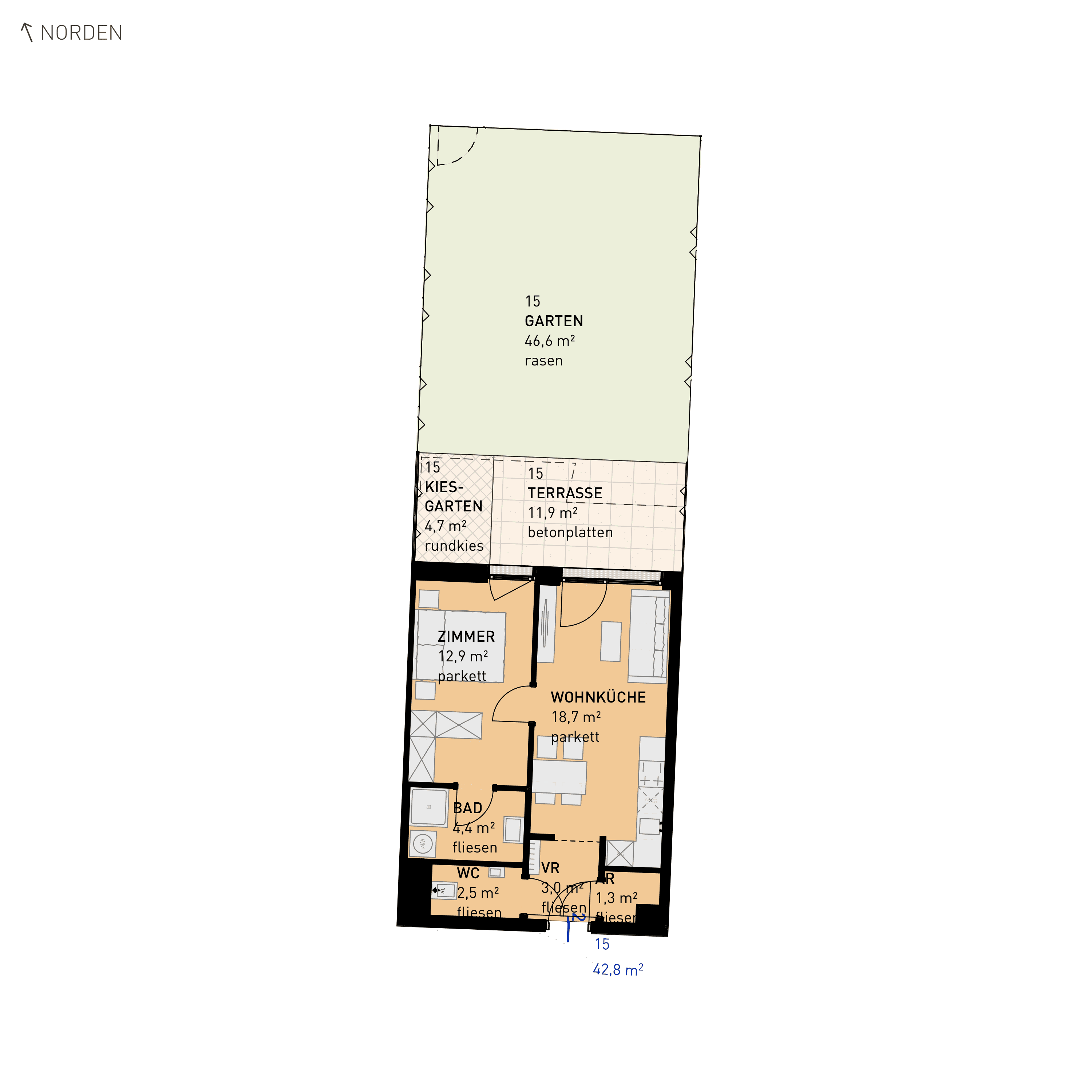 Grundriss Top 15 — Wulzendorfstraße 101 — 2 Zimmer — 42,8 m² — Ground floor — N/O
