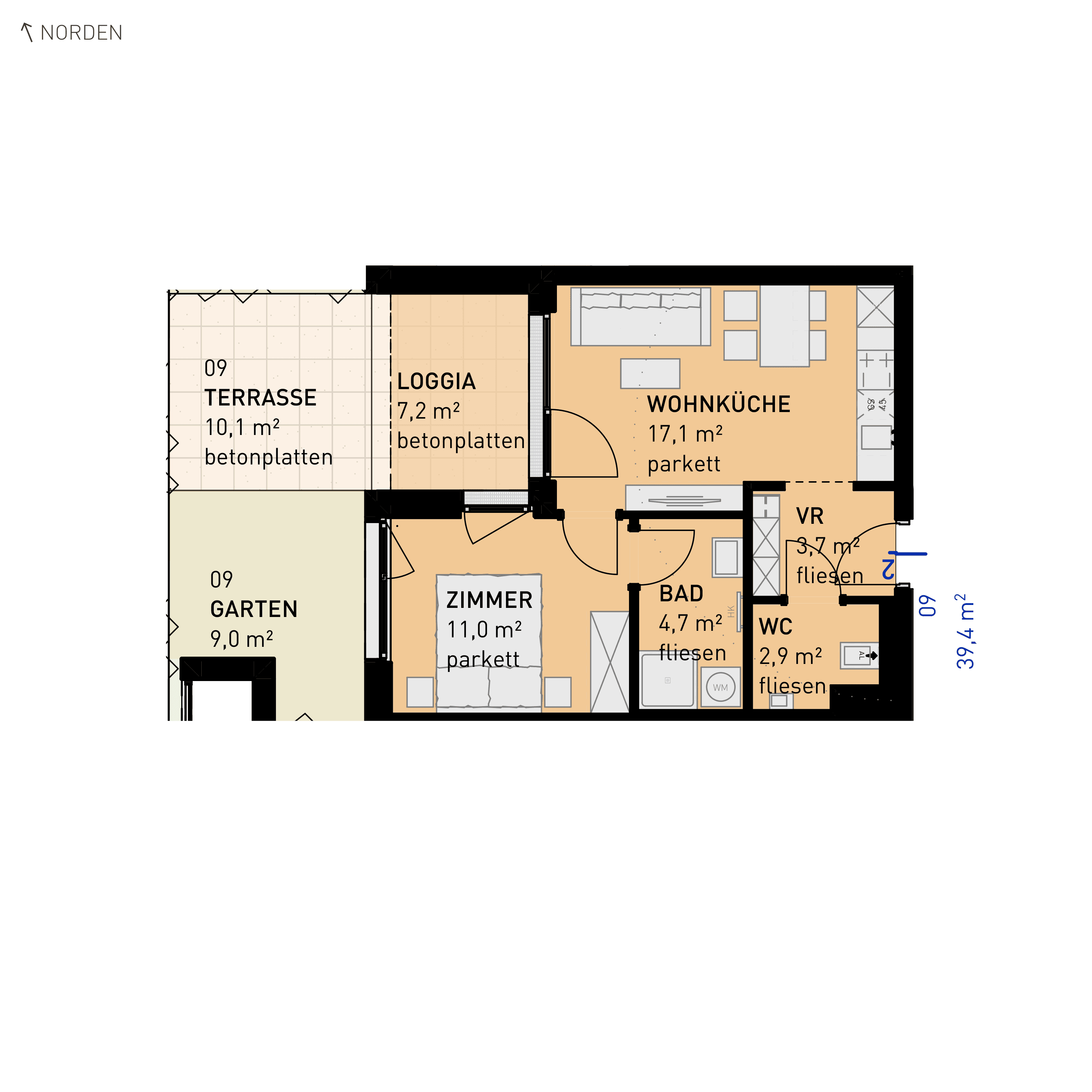 Grundriss Top 09 — Wulzendorfstraße 101 — 2 Zimmer — 39,4 m² — Ground floor — N/W