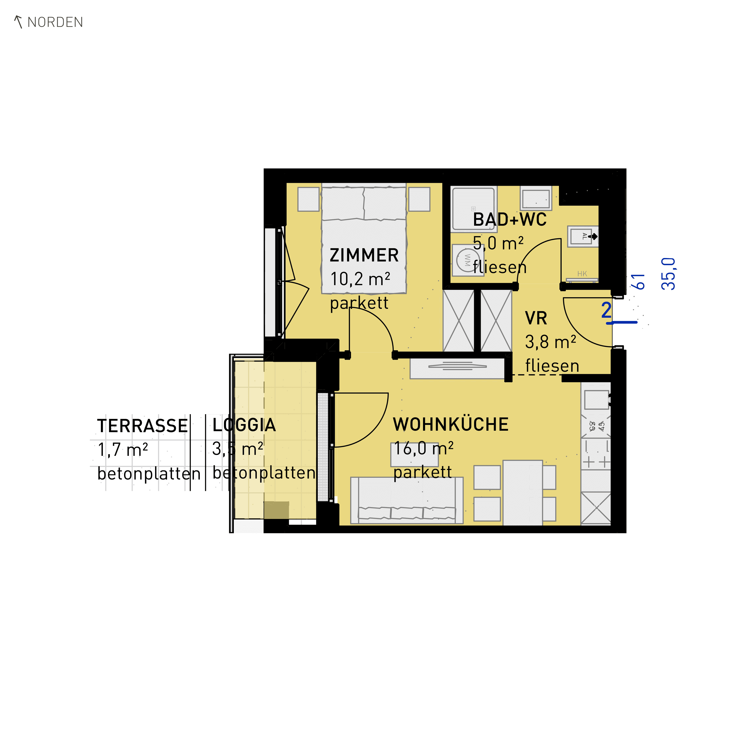 Grundriss Top 61 — Wulzendorfstraße 101 — 2 Zimmer — 35 m² — 2nd floor — N/W