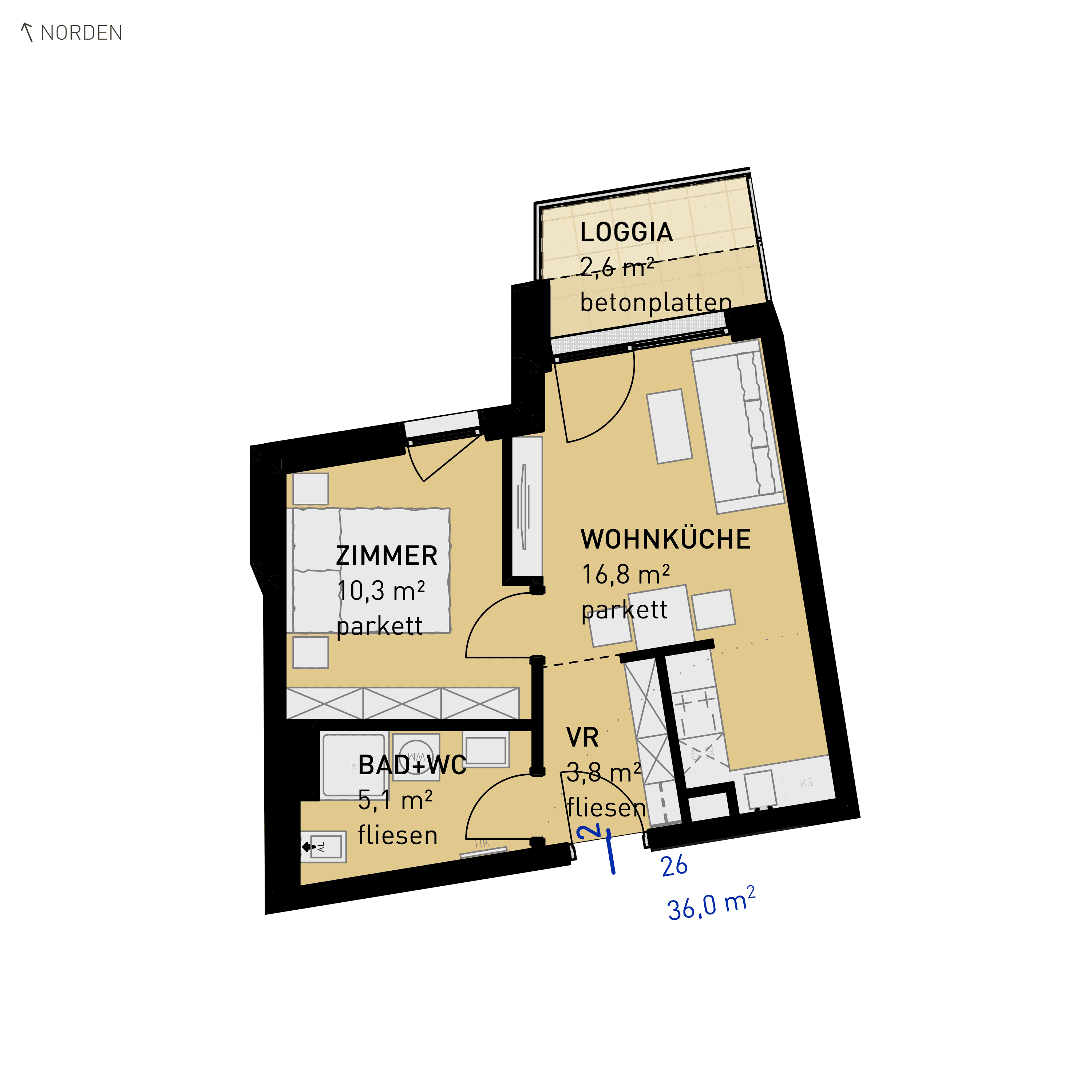 Grundriss Top 26 — Wulzendorfstraße 101 — 2 Zimmer — 36 m² — 1st floor — N
