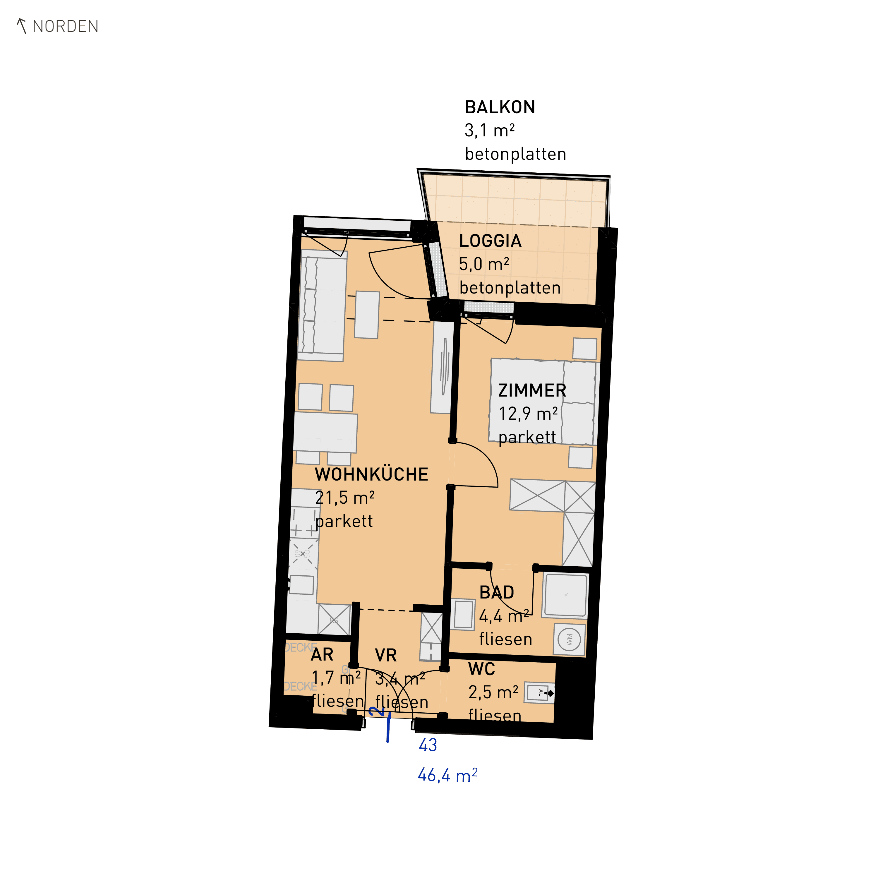 Grundriss Top 43 — Wulzendorfstraße 101 — 2 Zimmer — 46,4 m² — 1st floor — N/O
