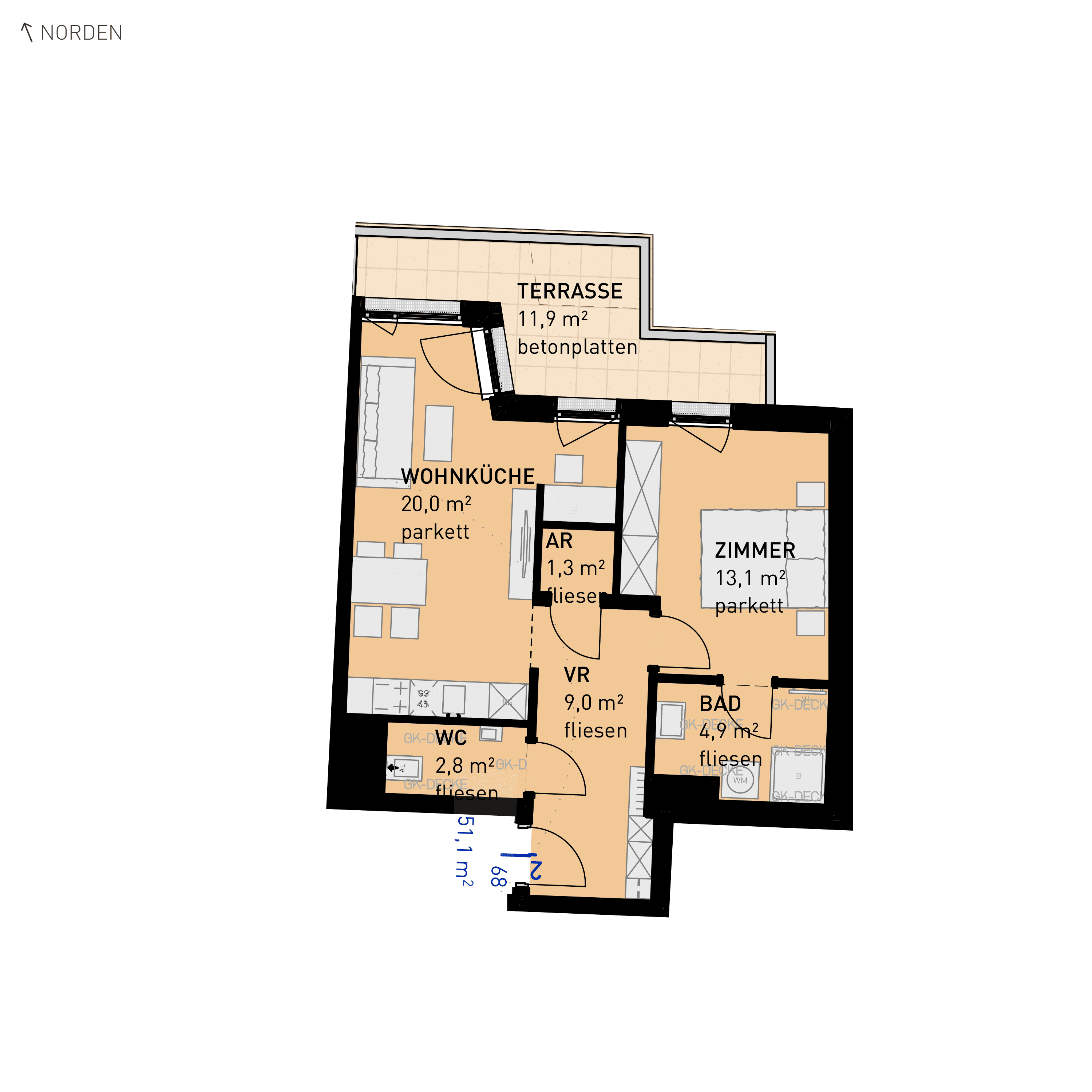 Grundriss Top 68 — Wulzendorfstraße 101 — 2 Zimmer — 51,1 m² — 2nd floor — N/O