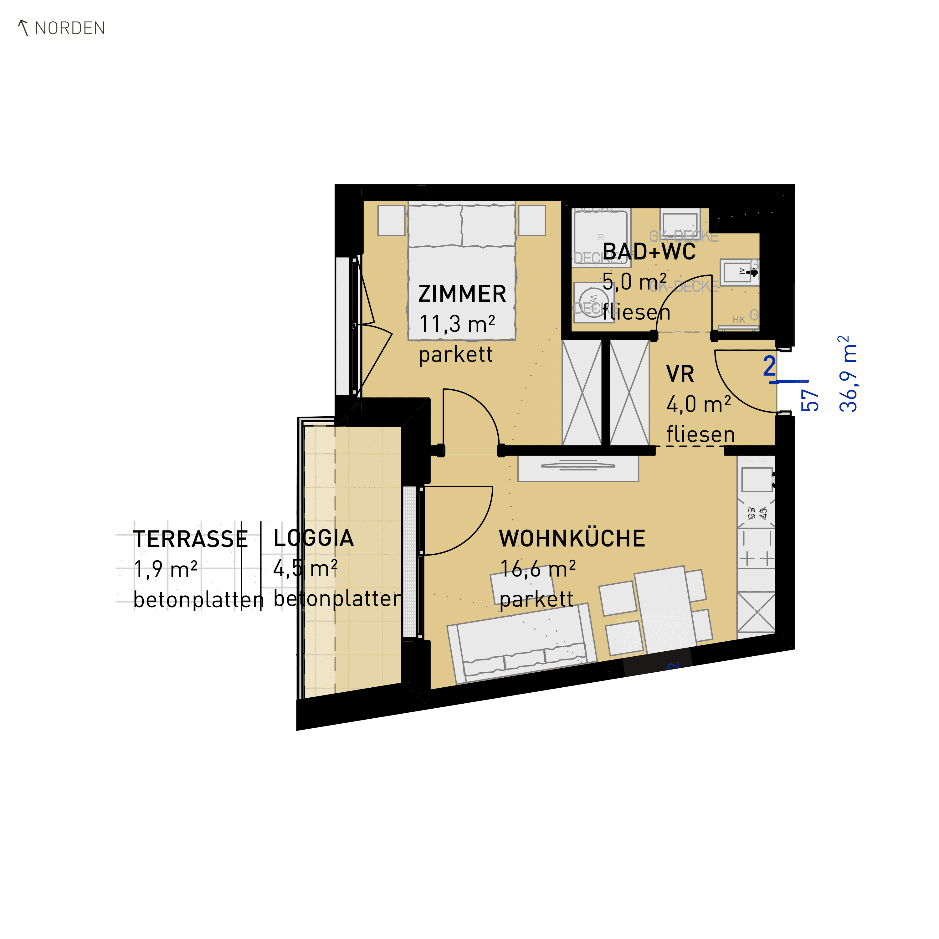 Grundriss Top 57 — Wulzendorfstraße 101 — 2 Zimmer — 36,9 m² — 2nd floor — N/W