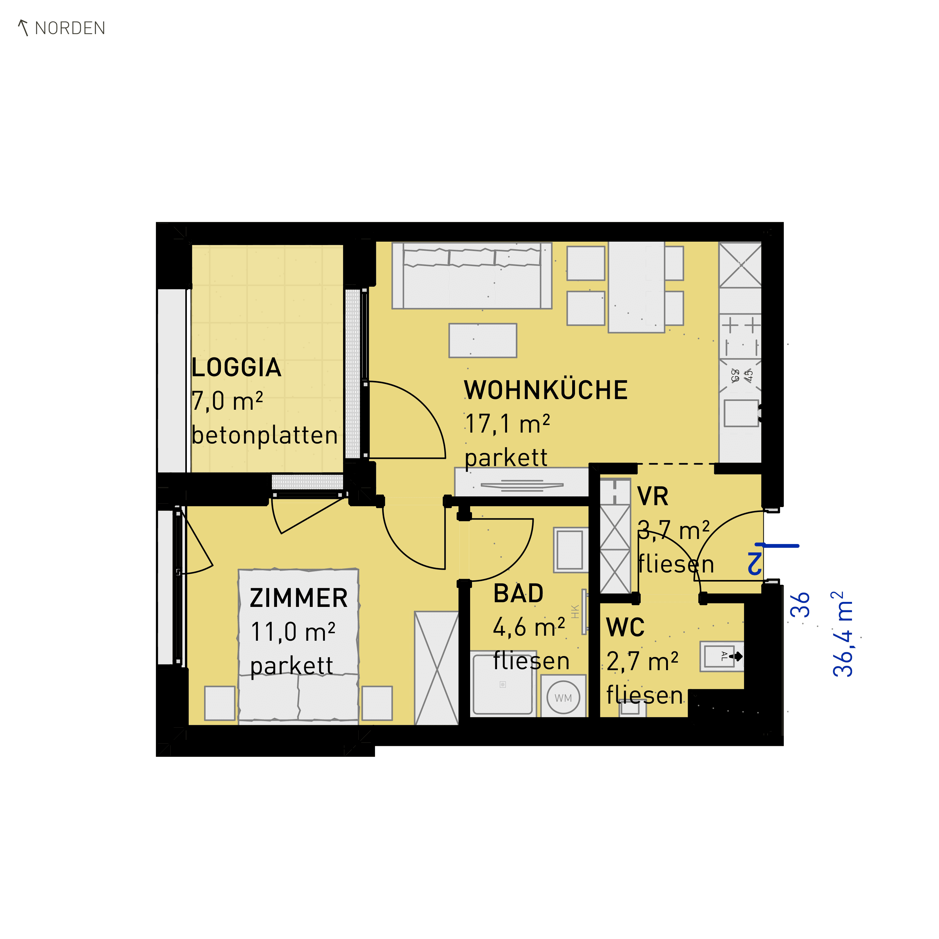Grundriss Top 36 — Wulzendorfstraße 101 — 2 Zimmer — 36,4 m² — 1st floor — N/W