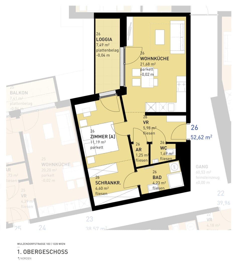 Grundriss Top 26 — Aspern Flats 103 — 2 Zimmer — 52,6 m² — 1st floor