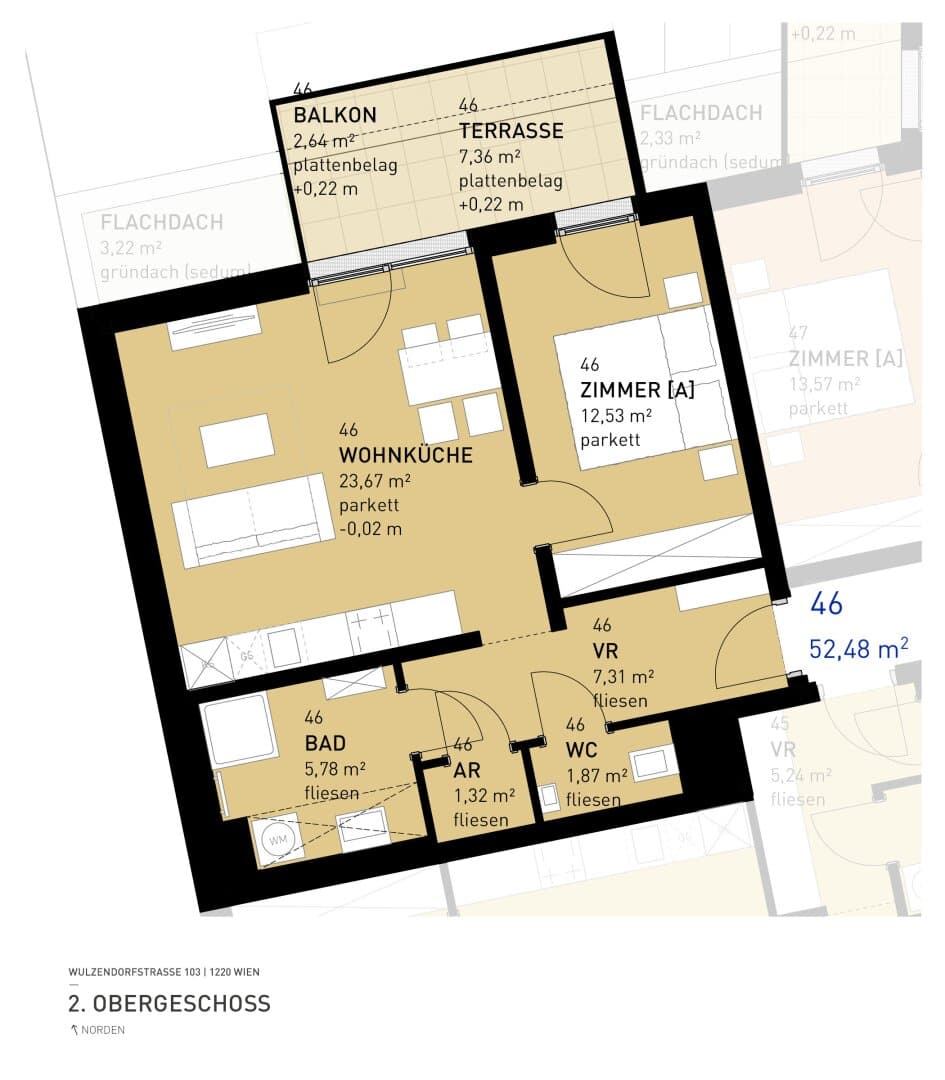 Grundriss Top 46 — Aspern Flats 103 — 2 Zimmer — 52,5 m² — 2nd floor