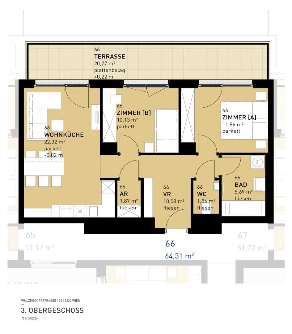 Grundriss Top 66 — Aspern Flats 103 — 3 Zimmer — 64,3 m² — 3rd floor