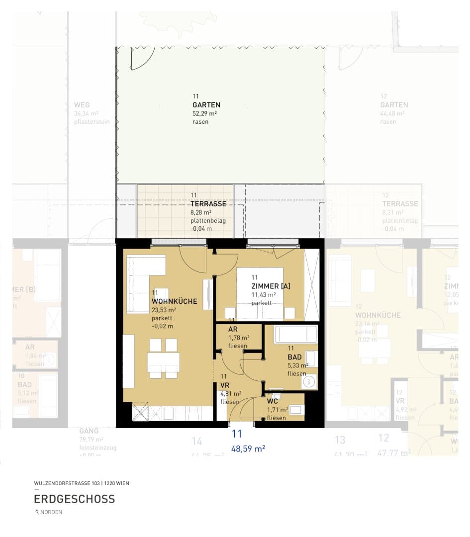 Grundriss Top 11 — Aspern Flats 103 — 2 Zimmer — 48,6 m² — Ground floor