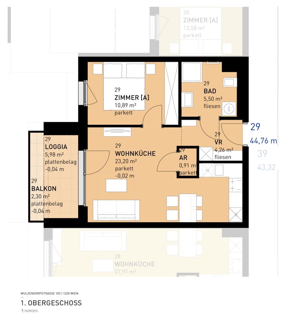 Grundriss Top 29 — Aspern Flats 103 — 2 Zimmer — 44,8 m² — 1st floor