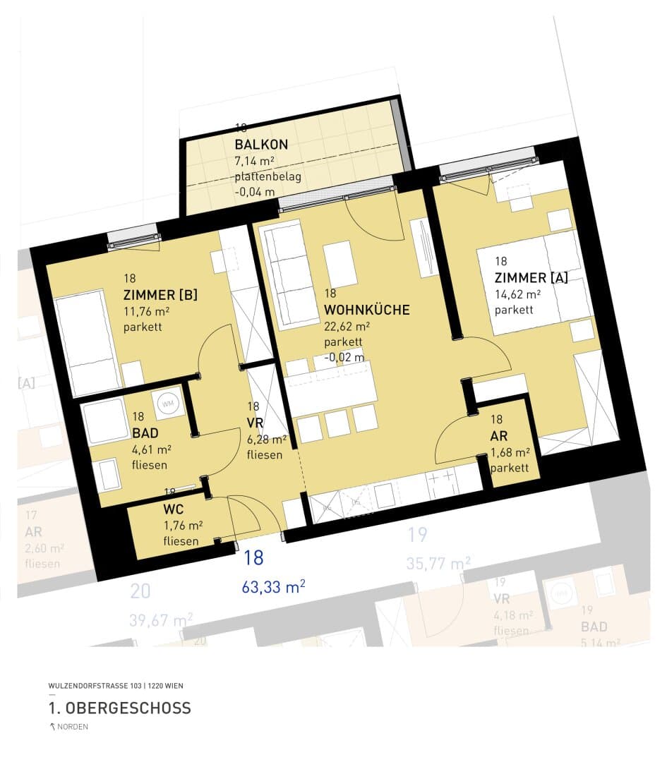 Grundriss Top 18 — Aspern Flats 103 — 3 Zimmer — 63,3 m² — 1st floor