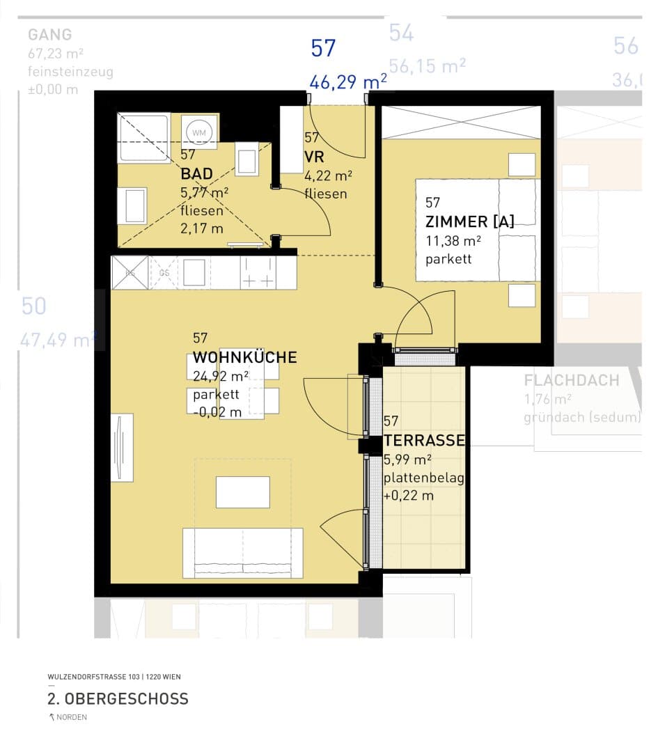 Grundriss Top 57 — Aspern Flats 103 — 2 Zimmer — 46,3 m² — 2nd floor