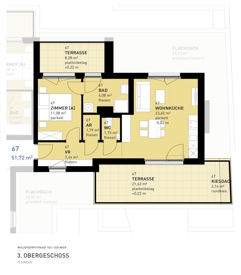 Grundriss Top 67 — Aspern Flats 103 — 2 Zimmer — 51,7 m² — 3rd floor