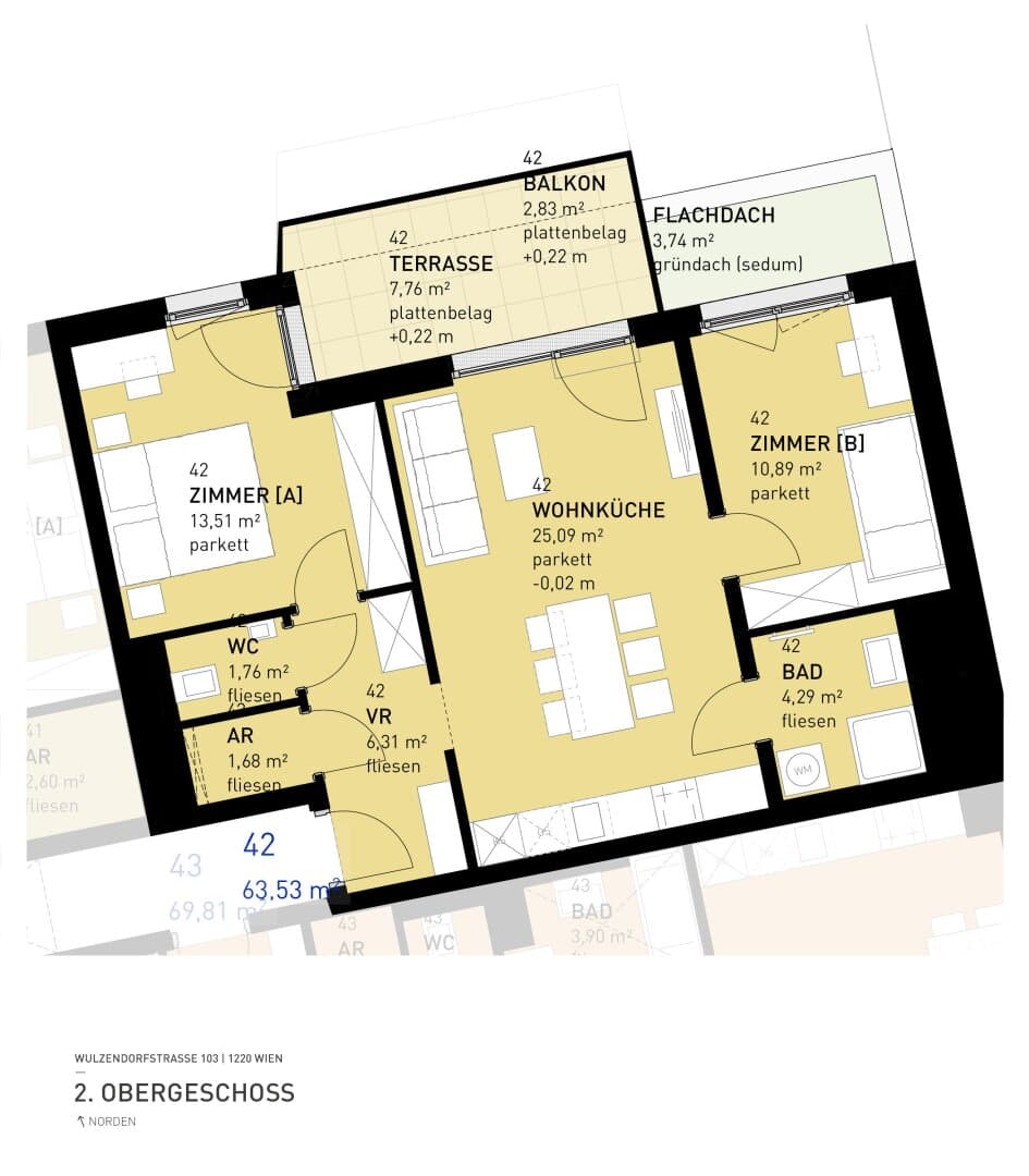 Grundriss Top 42 — Aspern Flats 103 — 3 Zimmer — 63,5 m² — 2nd floor