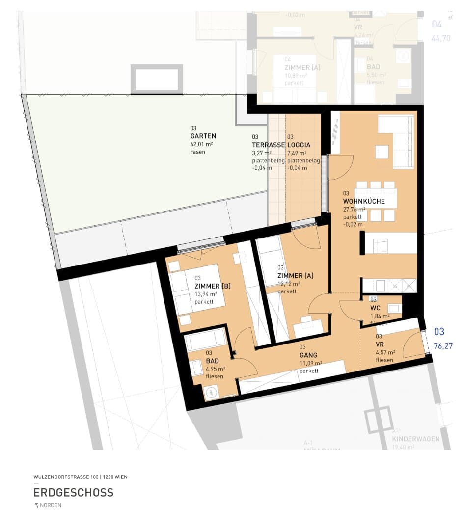 Grundriss Top 03 — Aspern Flats 103 — 3 Zimmer — 76,3 m² — Ground floor
