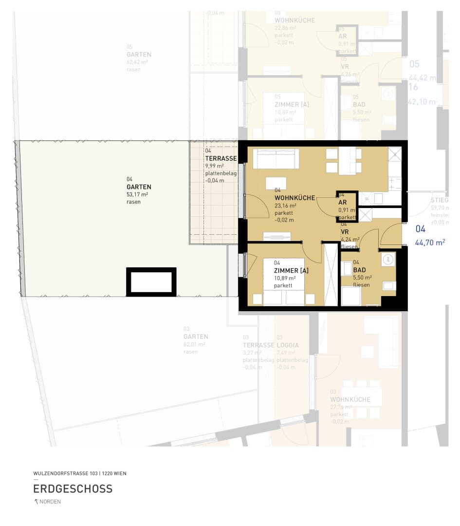 Grundriss Top 04 — Aspern Flats 103 — 2 Zimmer — 44,7 m² — Ground floor
