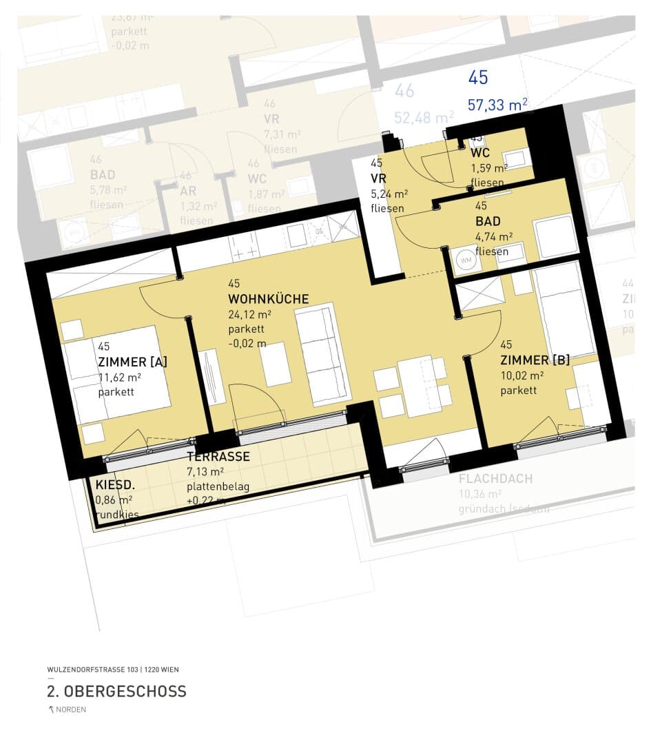 Grundriss Top 45 — Aspern Flats 103 — 3 Zimmer — 57,3 m² — 2nd floor