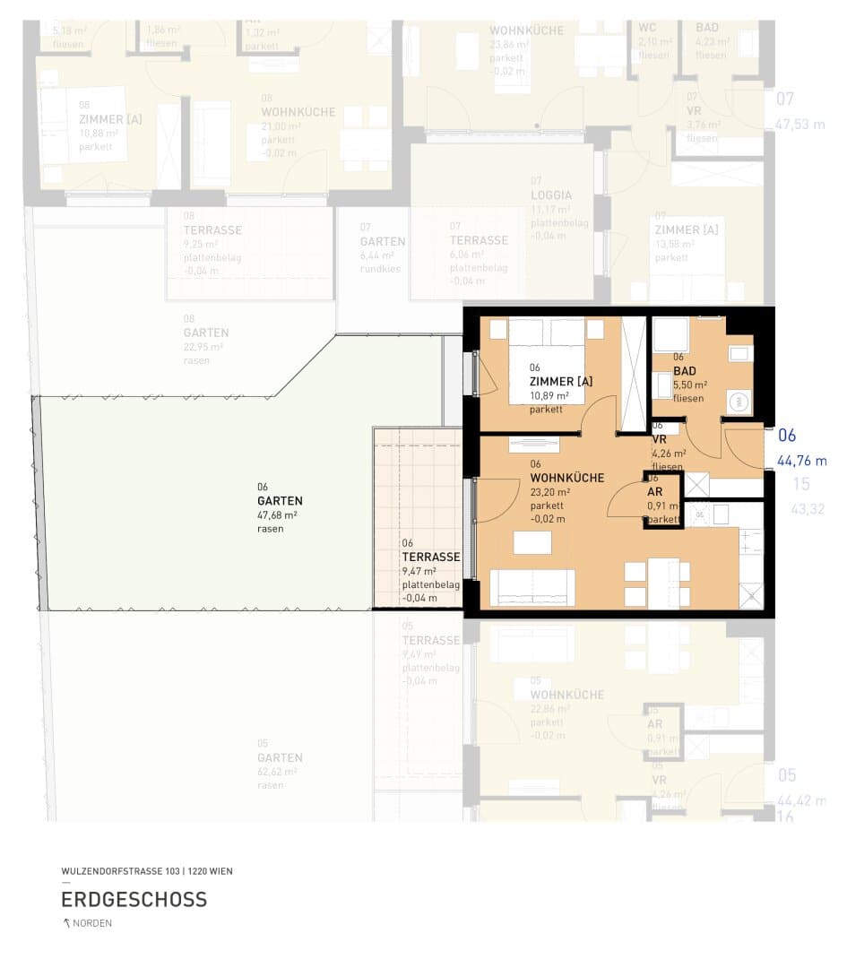 Grundriss Top 06 — Aspern Flats 103 — 2 Zimmer — 44,8 m² — Ground floor