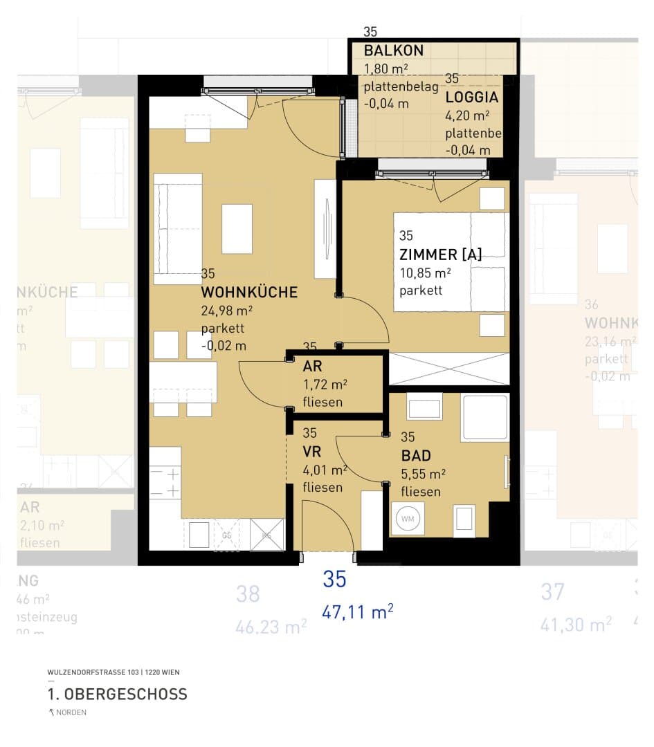 Grundriss Top 35 — Aspern Flats 103 — 2 Zimmer — 47,1 m² — 1st floor