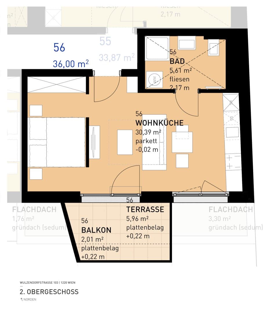 Grundriss Top 56 — Aspern Flats 103 — 1 Zimmer — 36 m² — 2nd floor