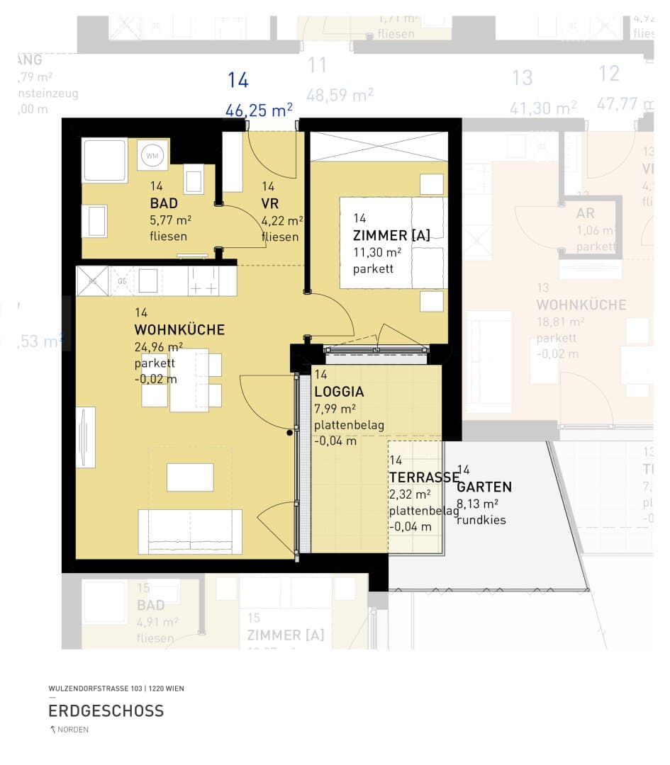 Grundriss Top 14 — Aspern Flats 103 — 2 Zimmer — 46,3 m² — Ground floor