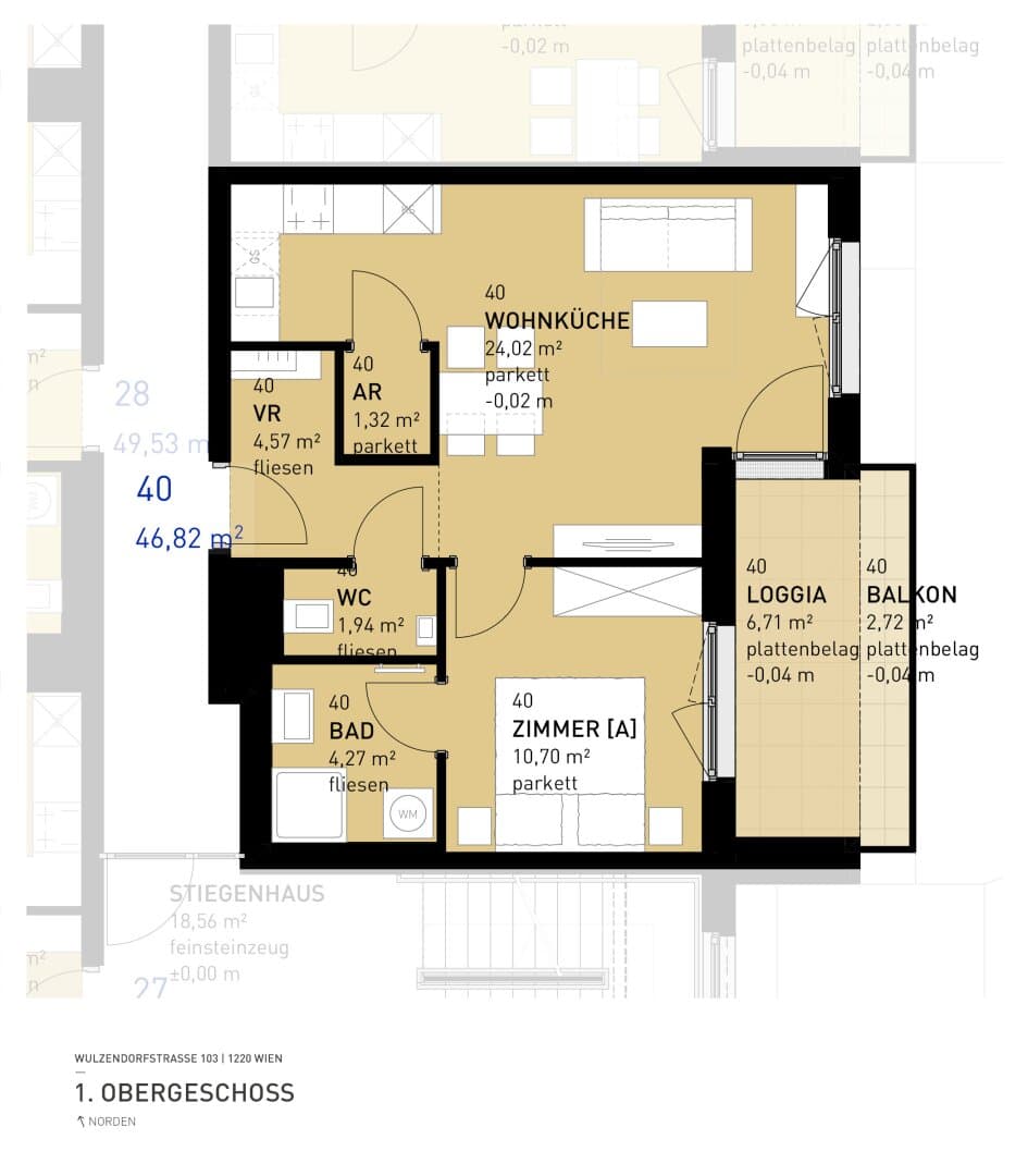 Grundriss Top 40 — Aspern Flats 103 — 2 Zimmer — 46,8 m² — 1st floor