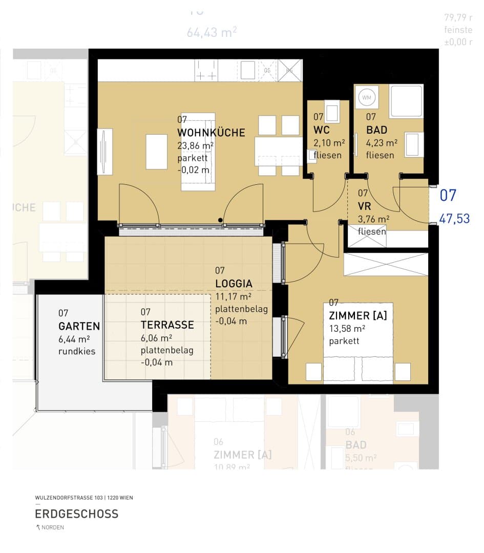 Grundriss Top 07 — Aspern Flats 103 — 2 Zimmer — 47,5 m² — Ground floor