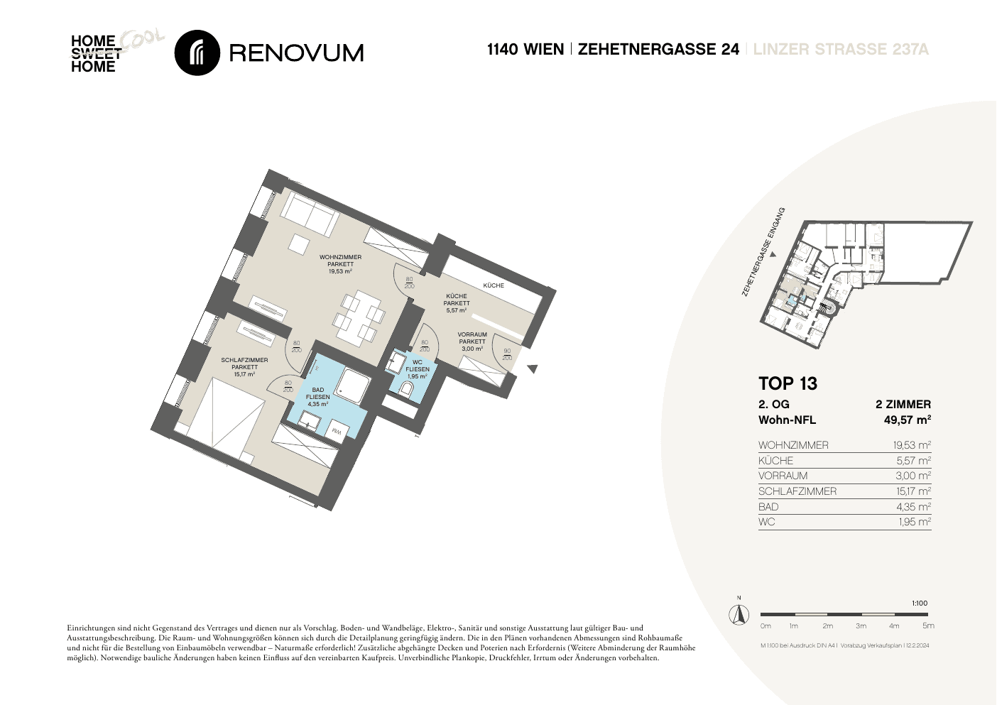 Grundriss Top 13 — Zehetnergasse 24 / Linzer Straße 237A — 2 Zimmer — 49,6 m² — 2nd floor