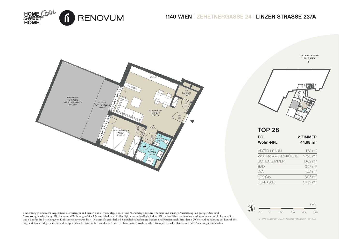 Grundriss Top 1.28 — Zehetnergasse 24 / Linzer Straße 237A — 2 Zimmer — 44,7 m² — Ground floor
