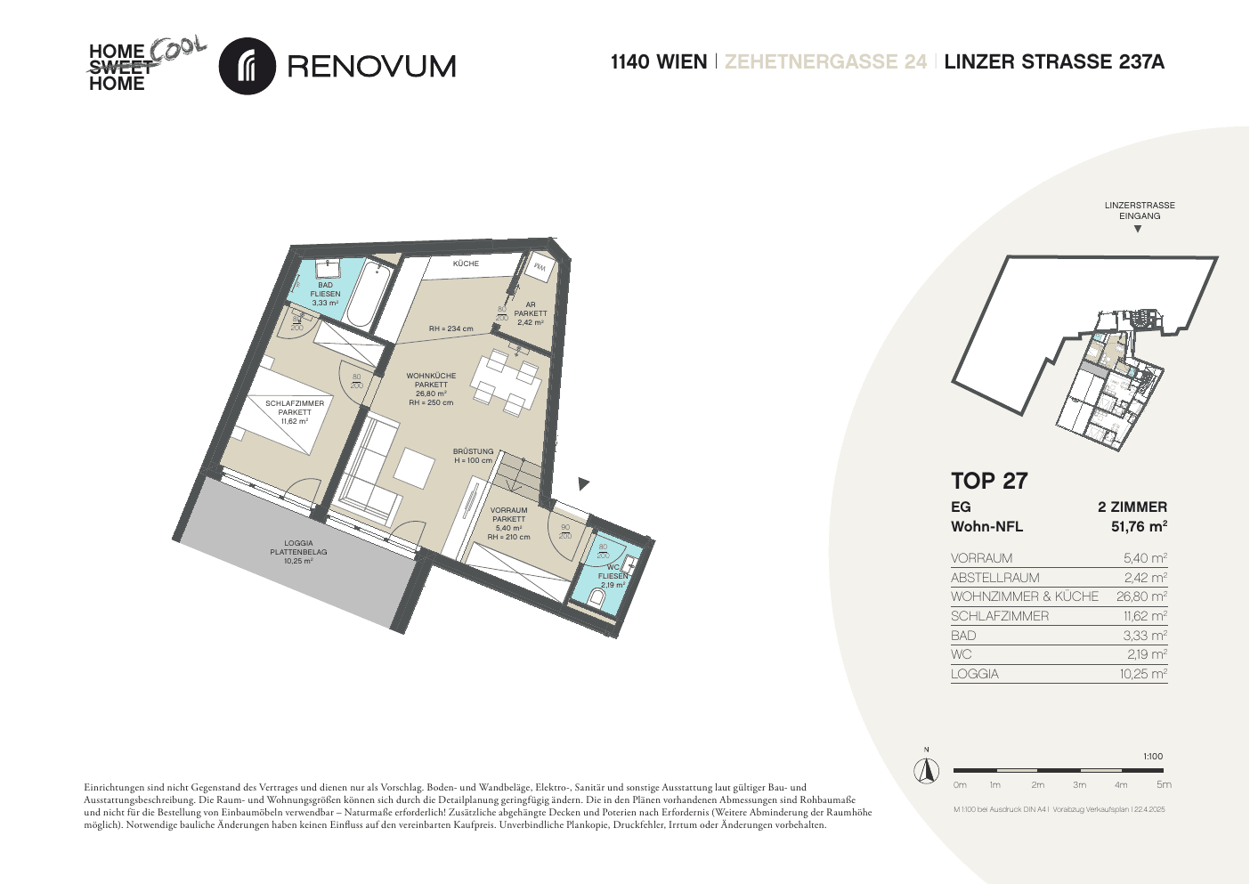 Grundriss Top 1.27 — Zehetnergasse 24 / Linzer Straße 237A — 2 Zimmer — 51,8 m² — Ground floor