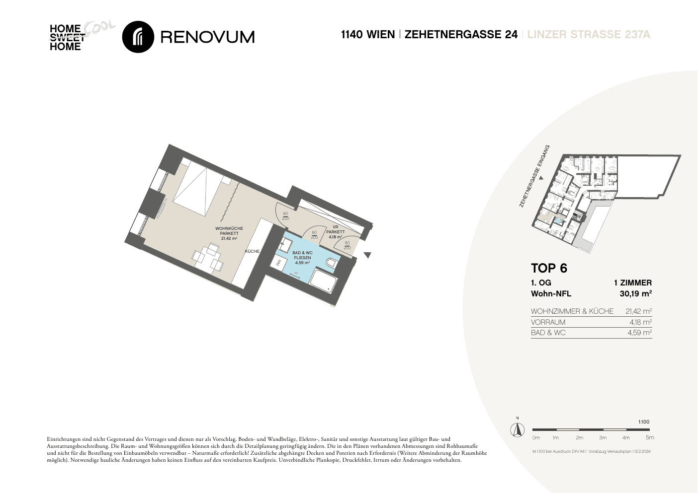 Grundriss Top 6 — Zehetnergasse 24 / Linzer Straße 237A — 1 Zimmer — 30,2 m² — 1st floor