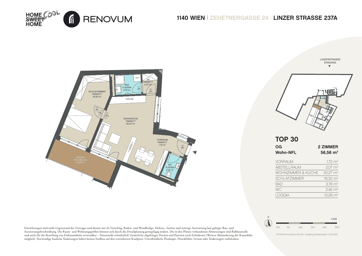 Grundriss Top 1.30 — Zehetnergasse 24 / Linzer Straße 237A — 2 Zimmer — 56,6 m² — 1st floor