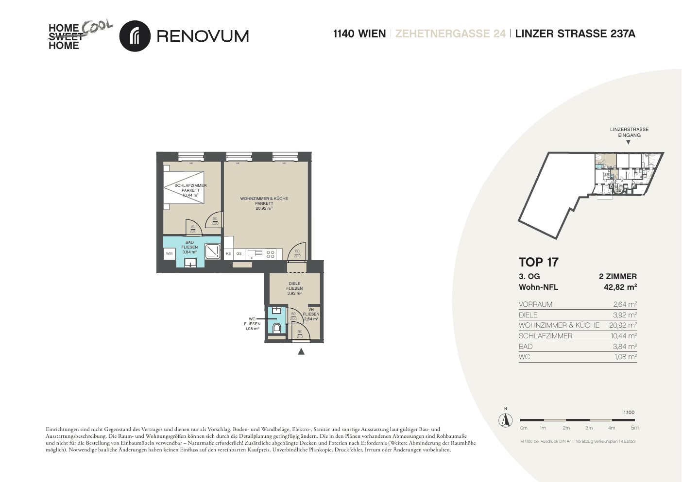 Grundriss Top 1.17 — Zehetnergasse 24 / Linzer Straße 237A — 2 Zimmer — 42,8 m² — 3rd floor