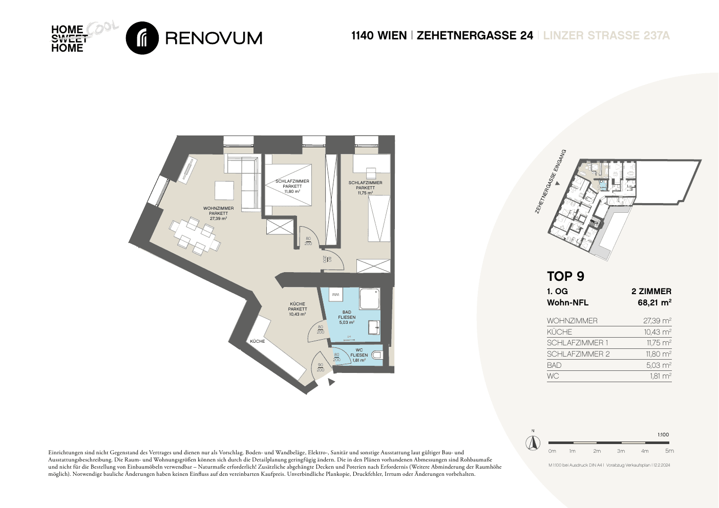 Grundriss Top 9 — Zehetnergasse 24 / Linzer Straße 237A — 3 Zimmer — 68,2 m² — 1st floor