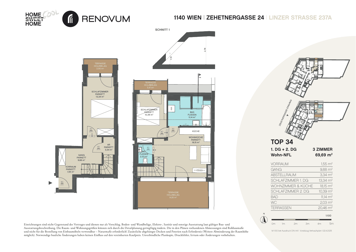 Grundriss Top 34 — Zehetnergasse 24 / Linzer Straße 237A — 3 Zimmer — 69,7 m² — 1st attic floor / 2nd attic floor
