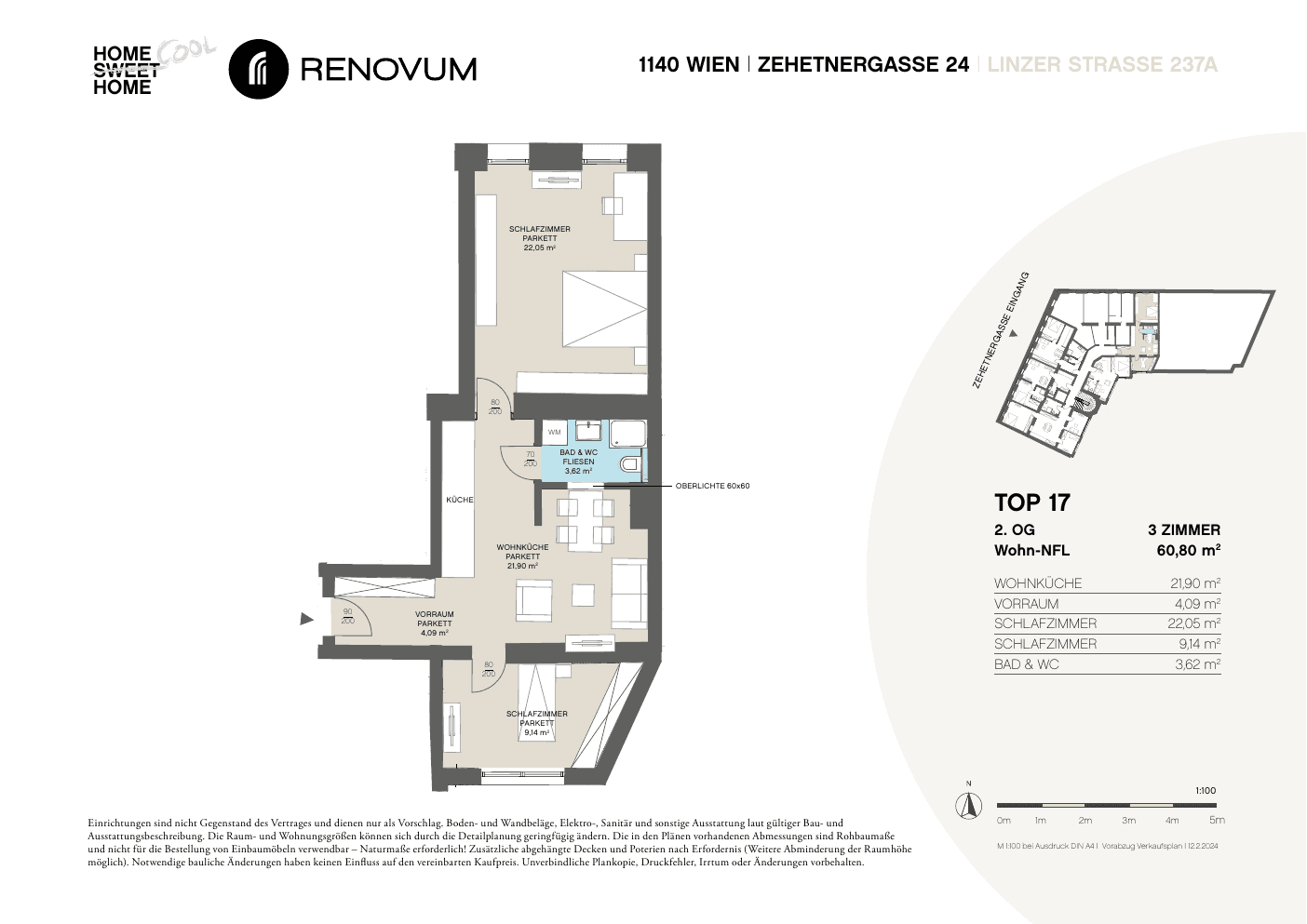 Grundriss Top 17 — Zehetnergasse 24 / Linzer Straße 237A — 3 Zimmer — 60,9 m² — 2nd floor
