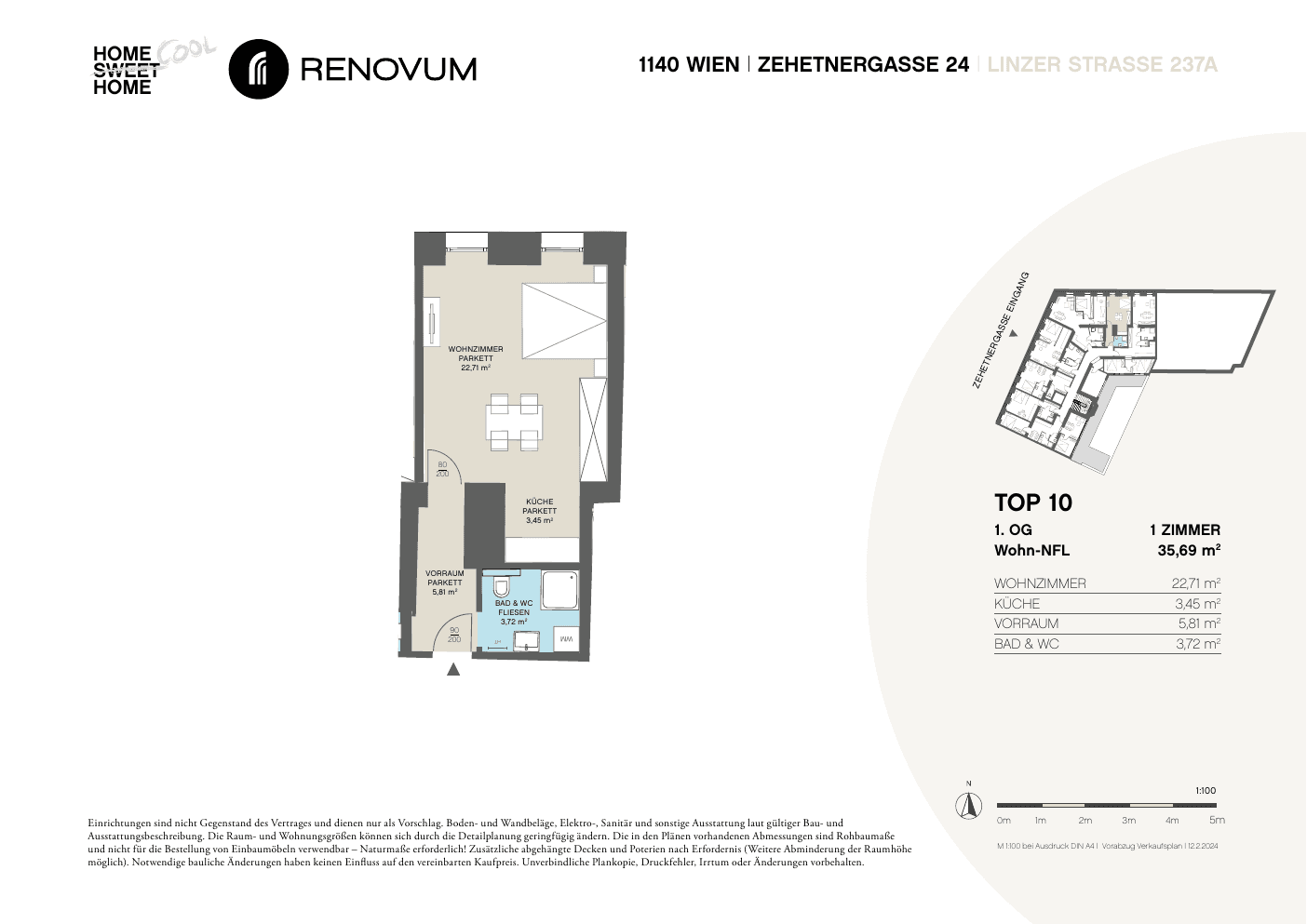 Grundriss Top 10 — Zehetnergasse 24 / Linzer Straße 237A — 1 Zimmer — 35,9 m² — 1st floor