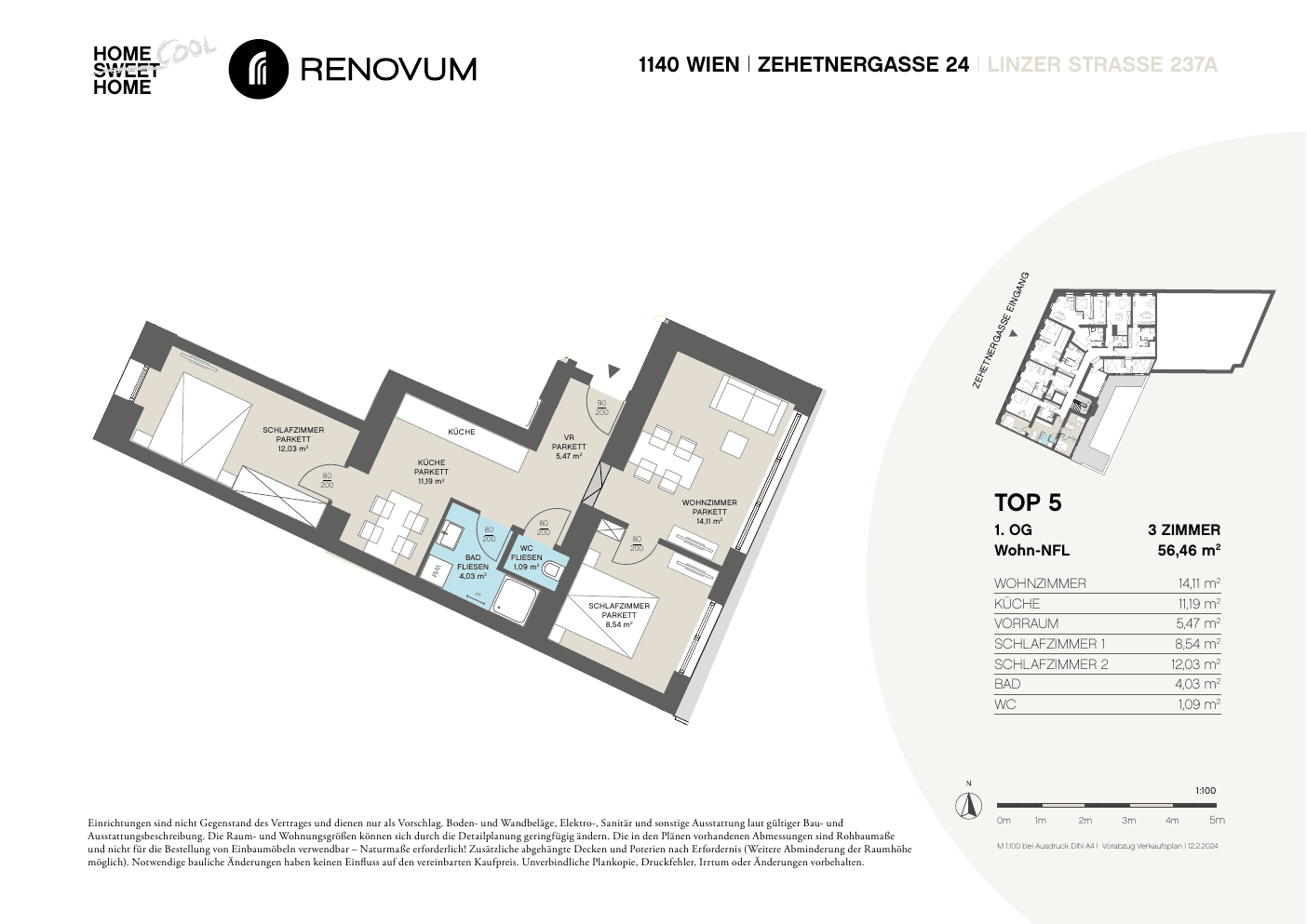 Grundriss Top 5 — Zehetnergasse 24 / Linzer Straße 237A — 3 Zimmer — 56,5 m² — 1st floor