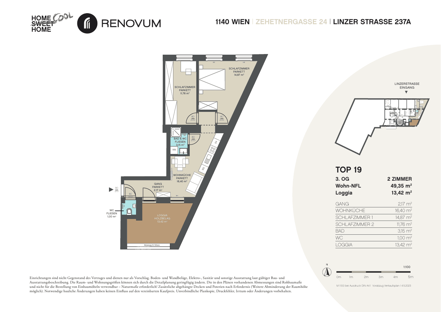 Grundriss Top 1.19 — Zehetnergasse 24 / Linzer Straße 237A — 2 Zimmer — 49,4 m² — 3rd floor
