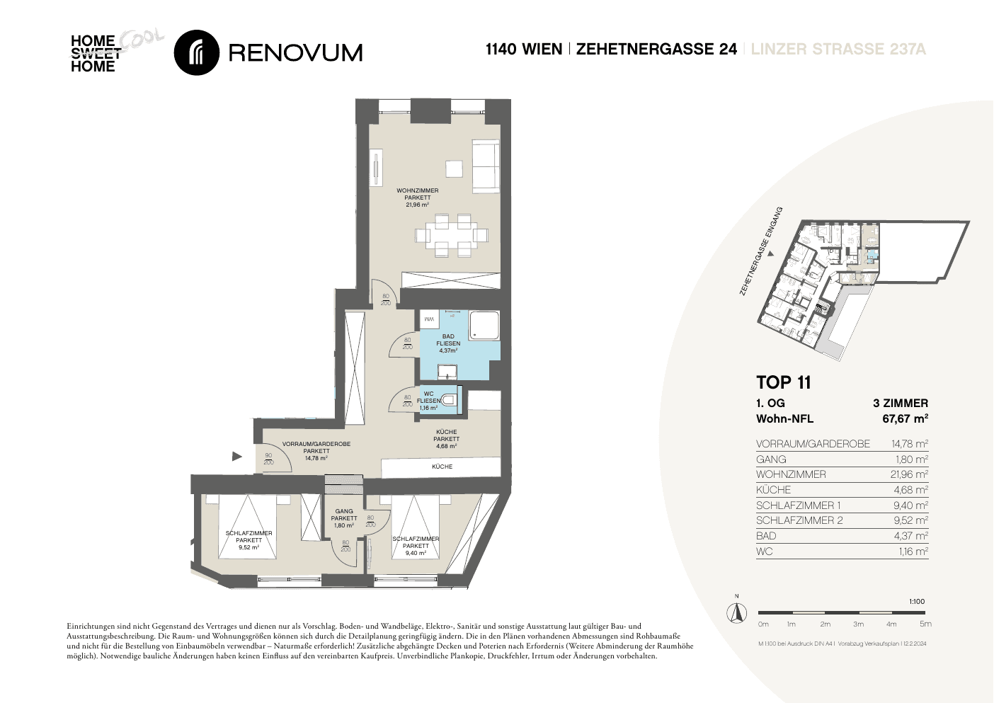 Grundriss Top 11 — Zehetnergasse 24 / Linzer Straße 237A — 3 Zimmer — 67,7 m² — 1st floor