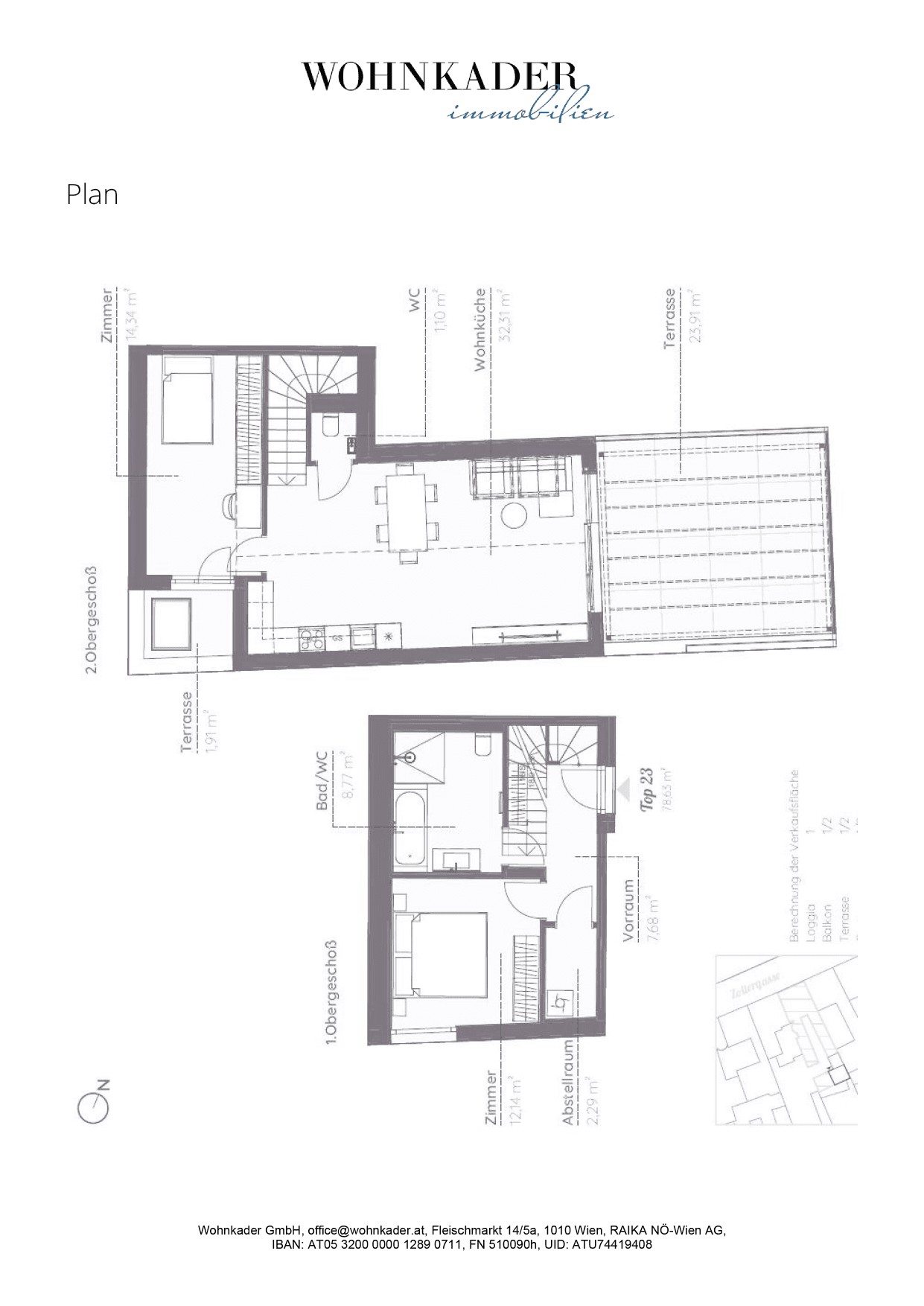 Grundriss Top 23 — Zollergasse 7 – It's 7 — 3 Zimmer — 78,6 m² — 1st floor / 2nd floor — Hoftrakt — Grundriss 2/2