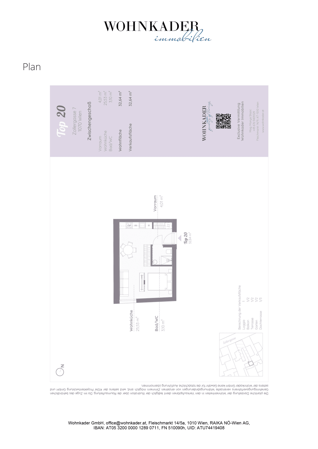 Grundriss Top 20 — Zollergasse 7 – It's 7 — 1 Zimmer — 32,6 m² — Mezzanine — Innenhoftrakt
