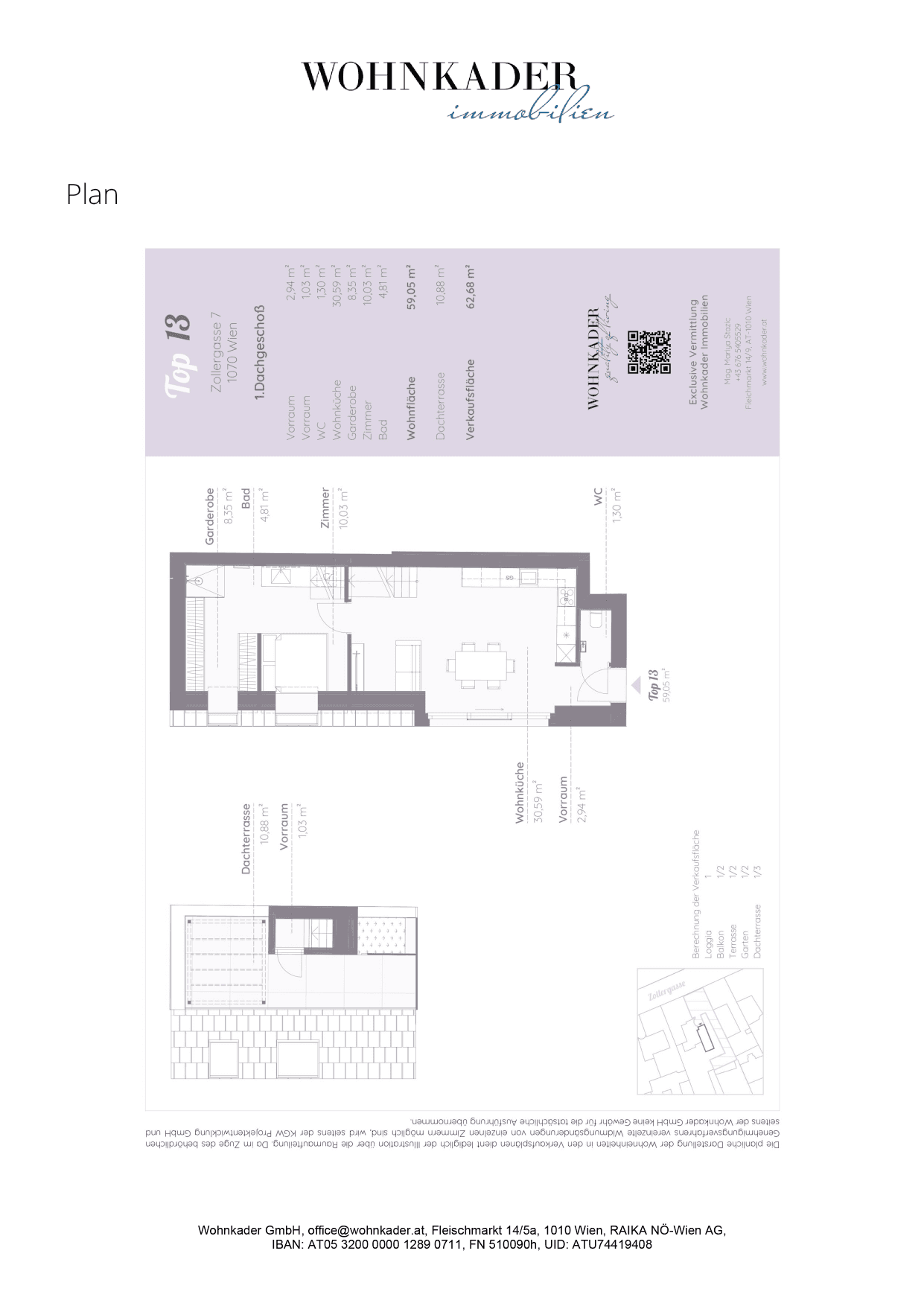 Grundriss Top 13 — Zollergasse 7 – It's 7 — 2 Zimmer — 59,1 m² — 1st attic floor — Innenhof rechts