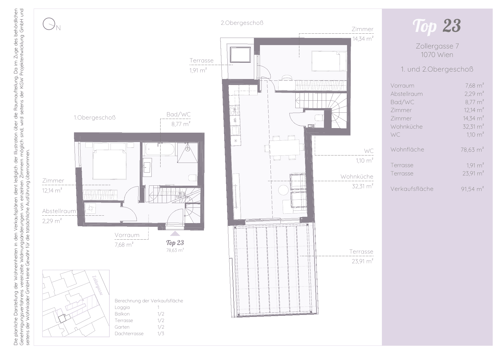 Grundriss Top 23 — Zollergasse 7 – It's 7 — 3 Zimmer — 78,6 m² — 1st floor / 2nd floor — Hoftrakt — Grundriss 1/2