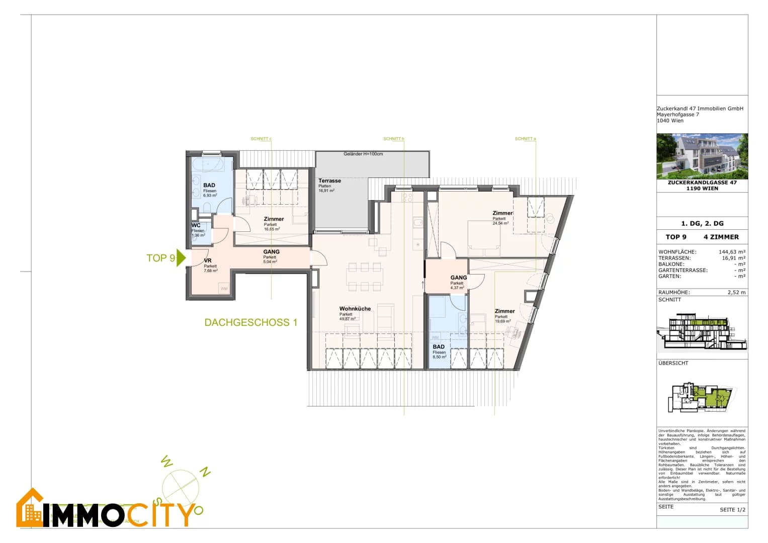Grundriss Top 9 — Zuckerkandlgasse 47 — 4 Zimmer — 144,6 m² — 1st attic floor / 2nd attic floor — Panoramablick — Grundriss 1/2