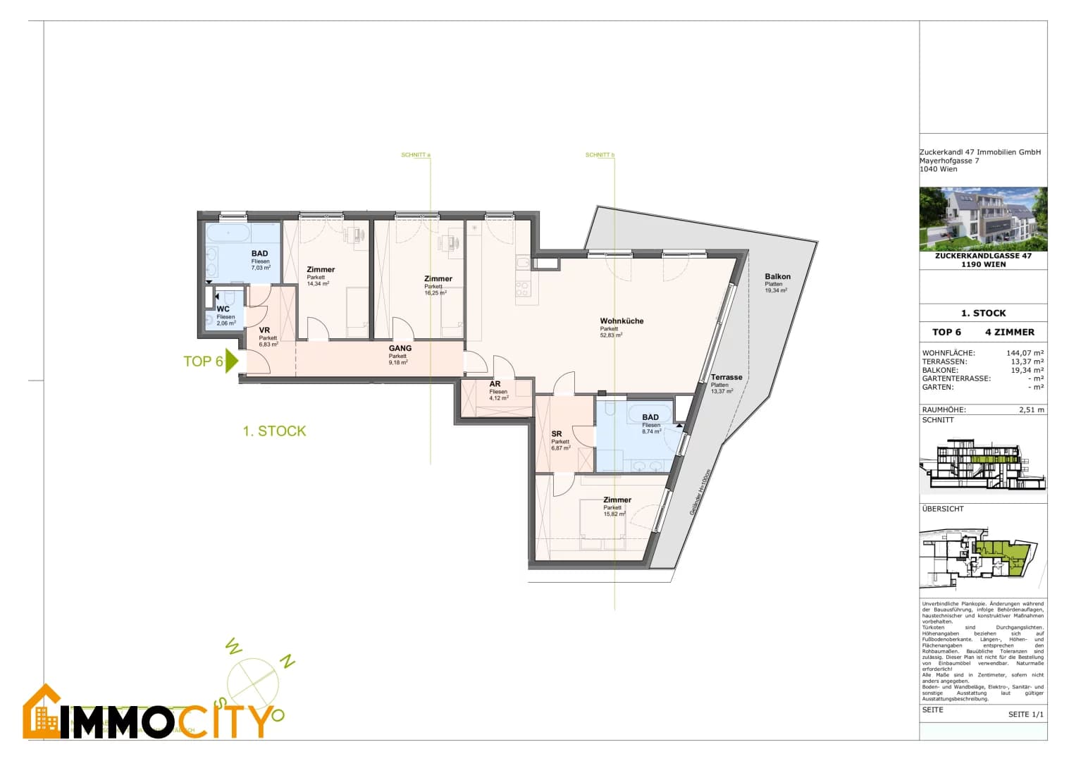 Grundriss Top 6 — Zuckerkandlgasse 47 — 4 Zimmer — 144,1 m² — 1st floor — Panoramablick — Grundriss 1/2