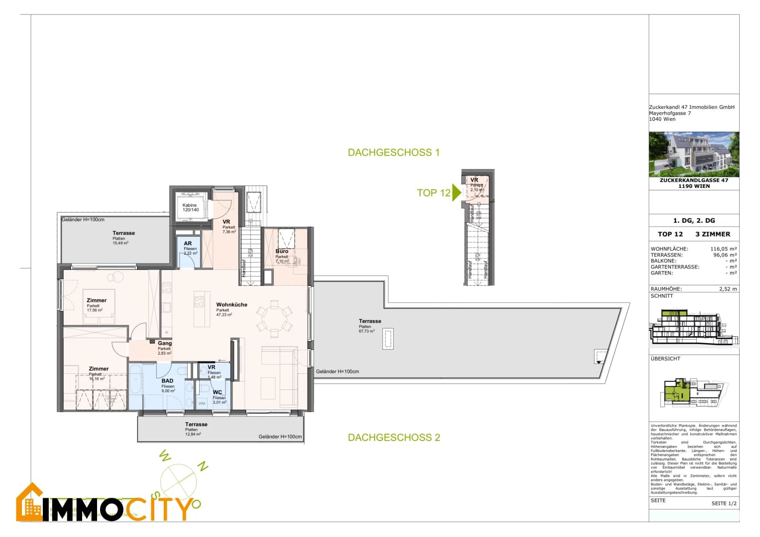 Grundriss Top 12 — Zuckerkandlgasse 47 — 3.5 Zimmer — 116,1 m² — 1st attic floor / 2nd attic floor — Panoramablick — Grundriss 1/2